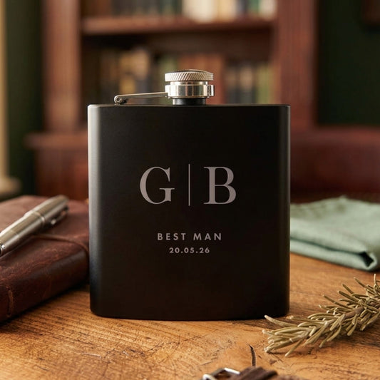 Personalised Engraved Black Metal Hip Flask 6oz - Initials | Birthday, Wedding & Groomsmen Gift