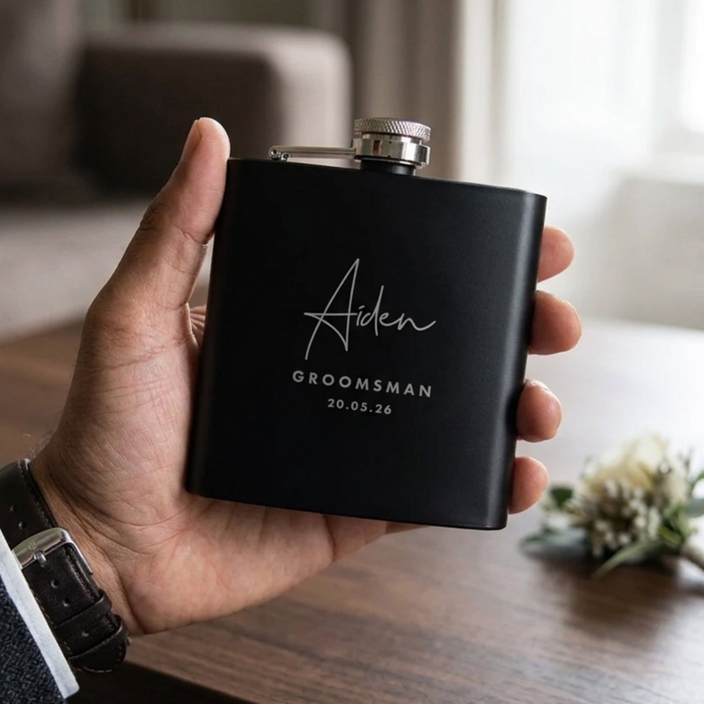Personalised Engraved Black Metal Hip Flask 6oz - Script Font | Milestone Birthday or Groomsman Gift