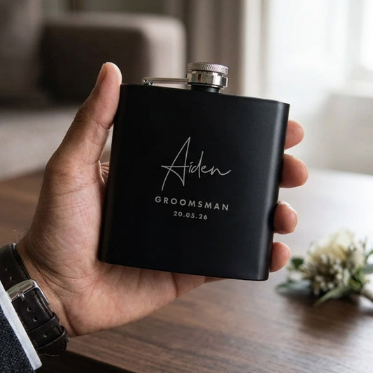 Personalised Engraved Black Metal Hip Flask 6oz - Script Font | Milestone Birthday or Groomsman Gift