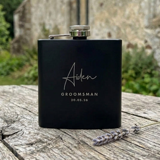 Personalised Engraved Black Metal Hip Flask 6oz - Script Font | Milestone Birthday or Groomsman Gift