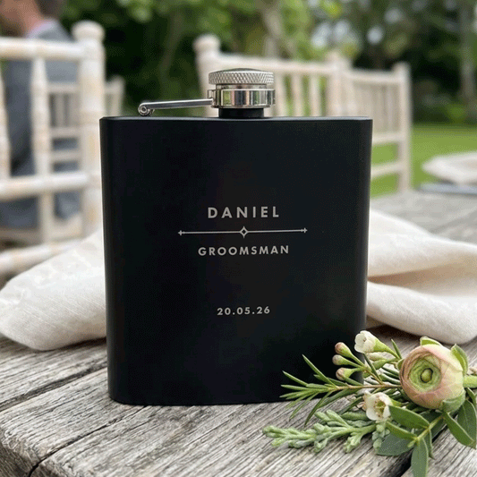 Personalised Modern Engraved Black Metal Hip Flask 6oz | Groomsmen & Birthday Gift