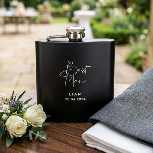 Personalised Engraved Black Metal Hip Flask 6oz - Script Font | Wedding Groomsman & Father of the Bride/Groom Gift