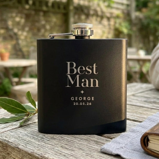 Personalised Engraved Black Metal Hip Flask 6oz | Groomsman & Father of the Bride/Groom Gift