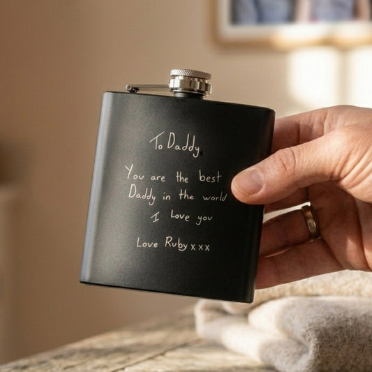 Personalised Engraved Black Metal Hip Flask 6oz | Using Your Own Handwriting | Memorial or Gifting