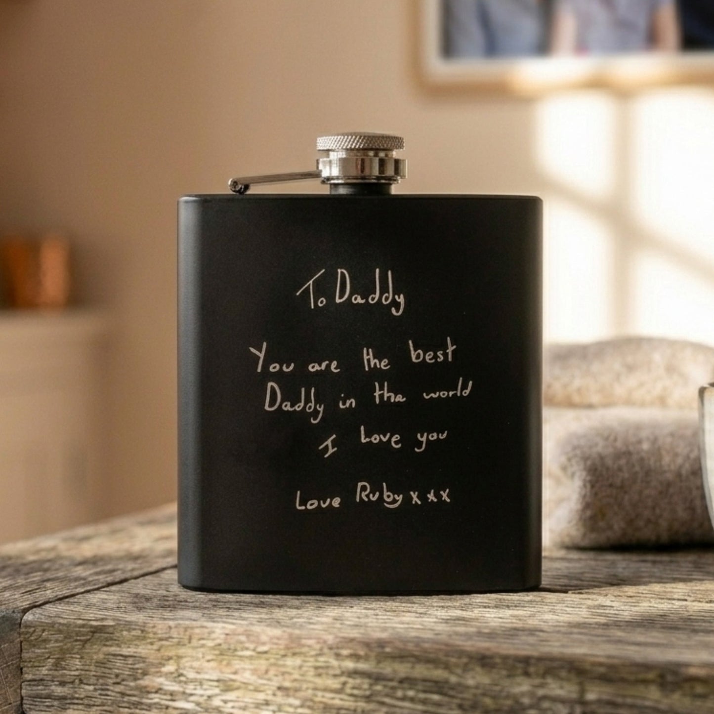 Personalised Engraved Black Metal Hip Flask 6oz | Using Your Own Handwriting | Memorial or Gifting