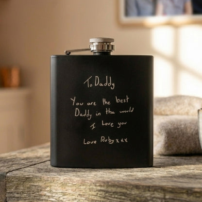 Personalised Engraved Black Metal Hip Flask 6oz | Using Your Own Handwriting | Memorial or Gifting