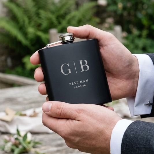 Personalised Engraved Black Metal Hip Flask 6oz - Initials | Birthday, Wedding & Groomsmen Gift