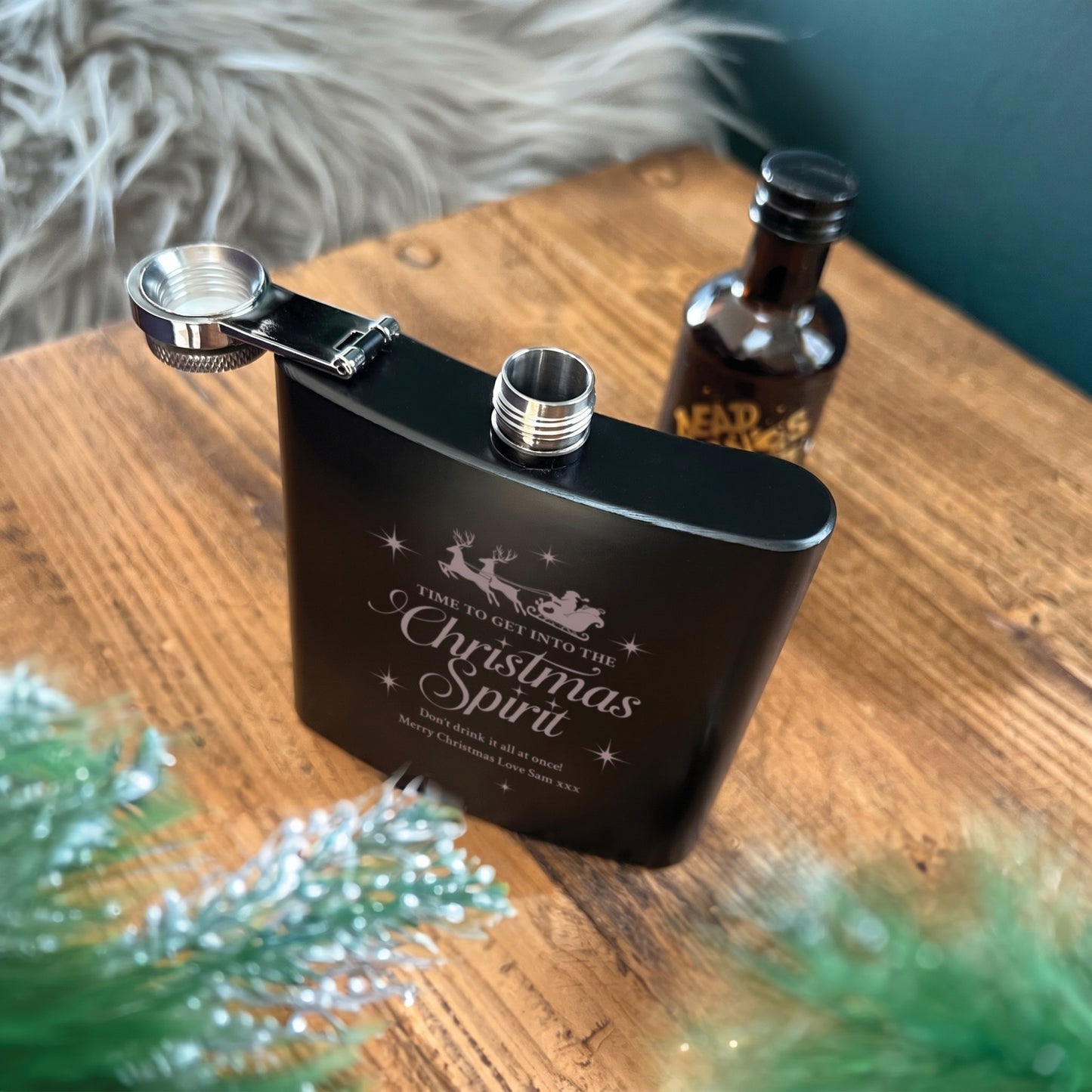 Personalised Christmas Spirit Engraved Black Metal Hip Flask 6oz