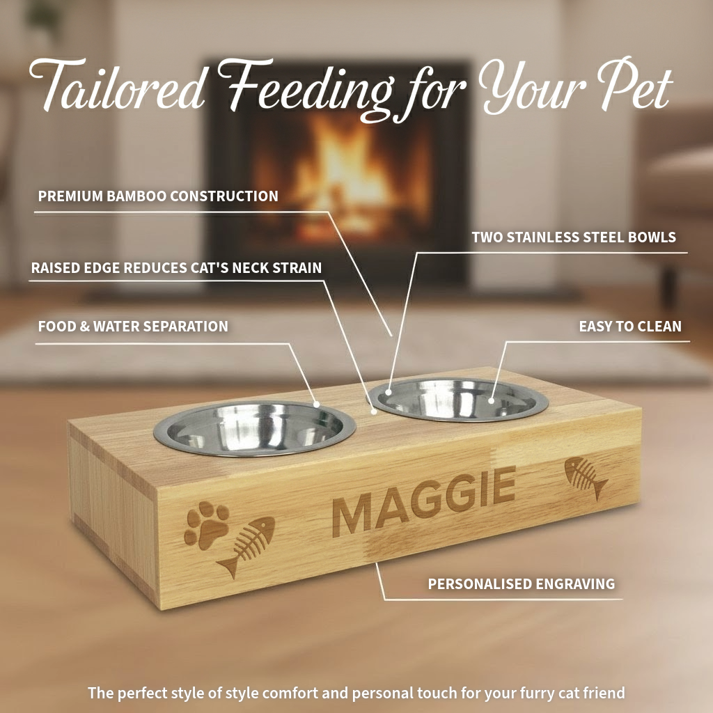 Personalised Wooden Raised Double Cat Bowl
