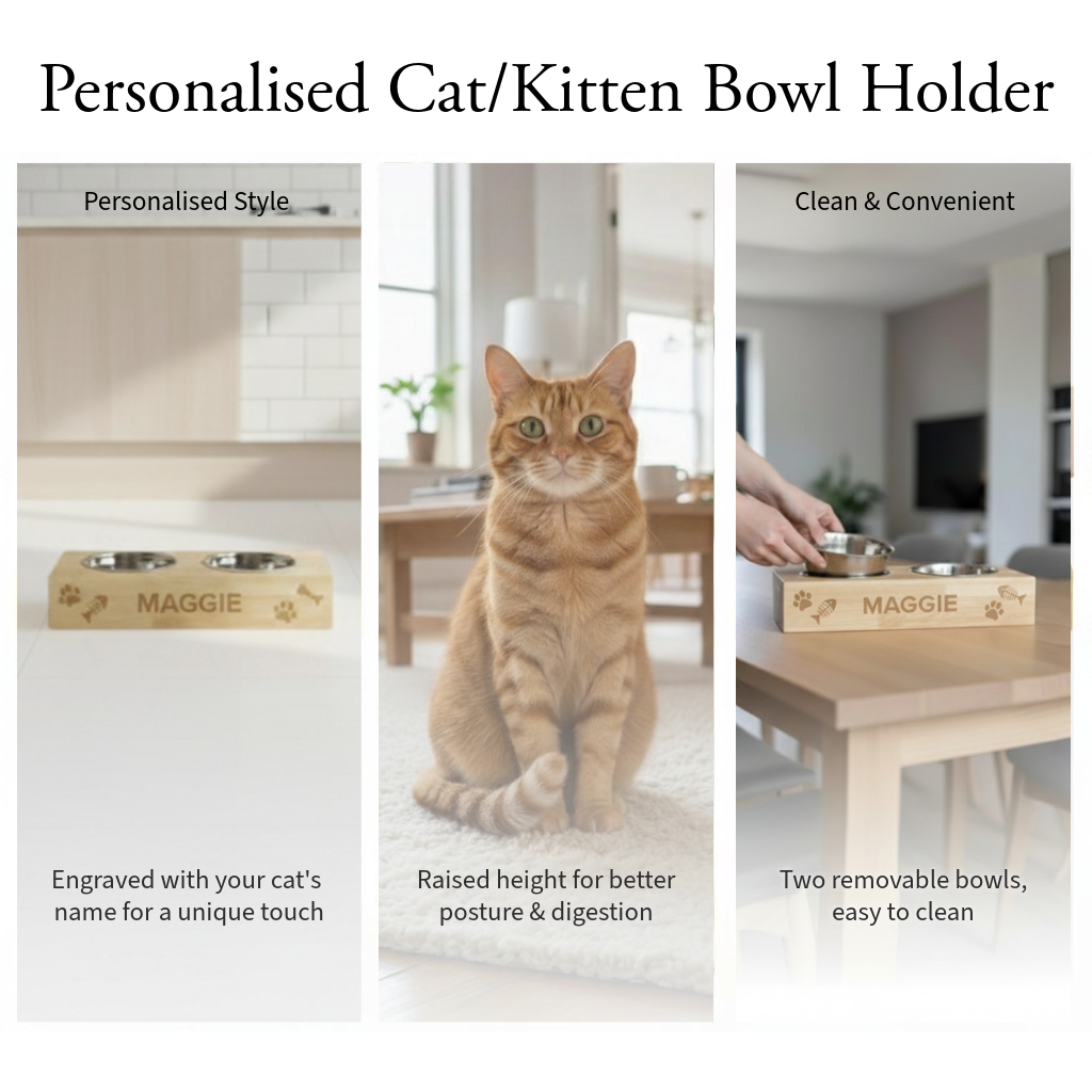 Personalised Wooden Raised Double Cat Bowl