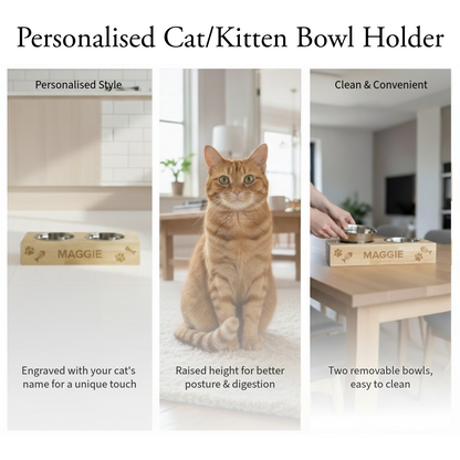 Personalised Wooden Raised Double Cat Bowl