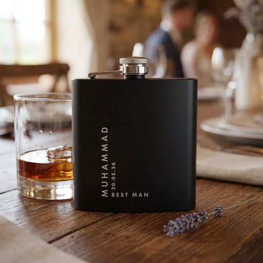 Personalised Engraved Black Metal Hip Flask 6oz | Birthday, Wedding & Groomsmen Gift