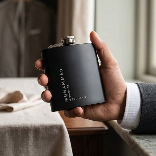 Personalised Engraved Black Metal Hip Flask 6oz | Birthday, Wedding & Groomsmen Gift