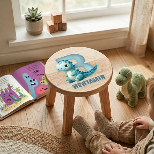 Personalised Wooden Dinosaur Alphabet Round Toddler Step Stool | Nursery Decor & First Birthday Gift