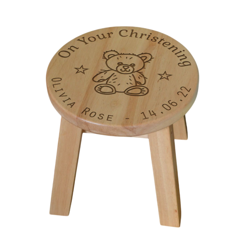 Personalised Child's Stool Wooden Christening Engraved Design