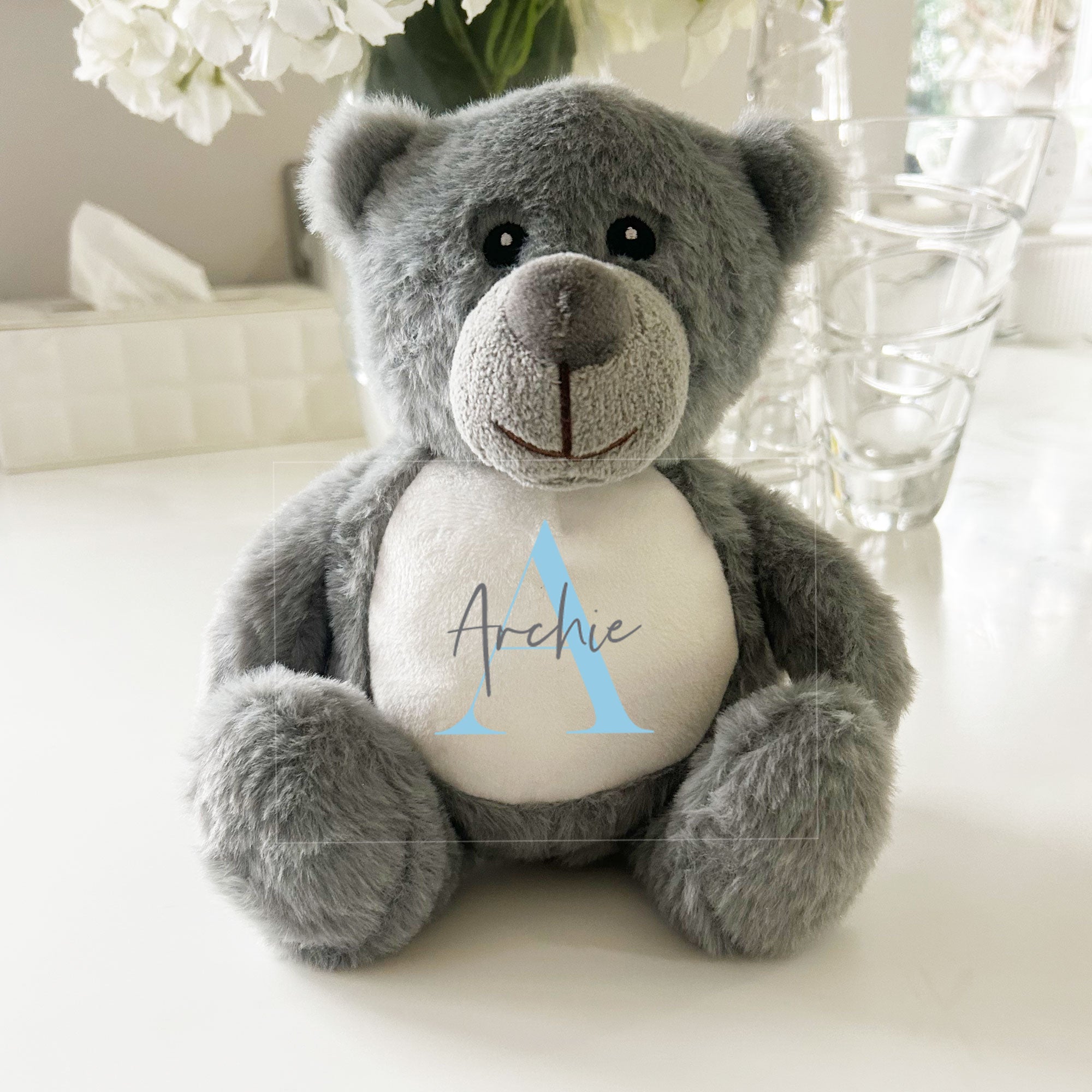 Name & Initial Grey Bear - Green, Pink, Blue, Neutral