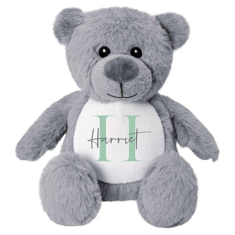 Name & Initial Grey Bear - Green, Pink, Blue, Neutral