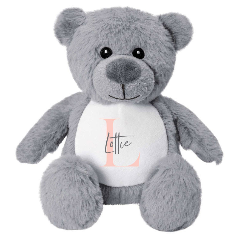 Name & Initial Grey Bear - Green, Pink, Blue, Neutral