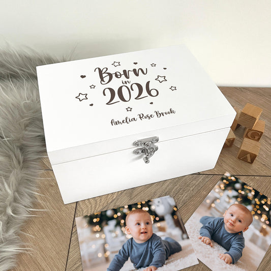 Personalised Born In 2026 Stars Engraved White New Baby Keepsake Box - 3 Sizes