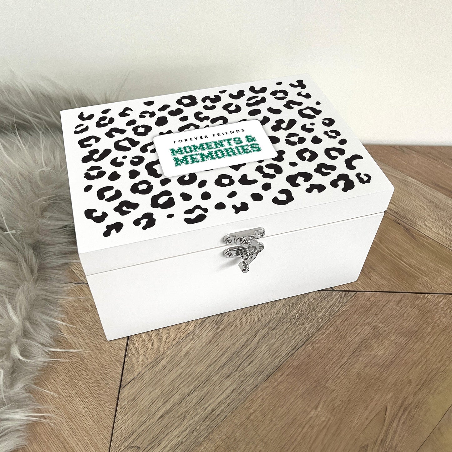 Personalised Leopard Print White Wooden Memory Box - Moments & Memories | Birthday Gift for Friends