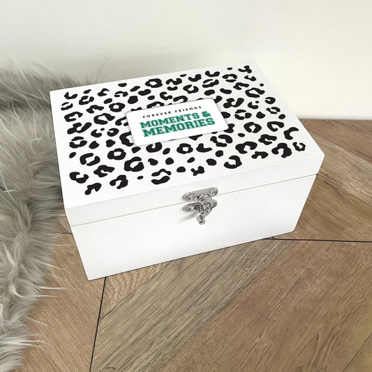 Personalised Leopard Print White Wooden Memory Box - Moments & Memories | Birthday Gift for Friends