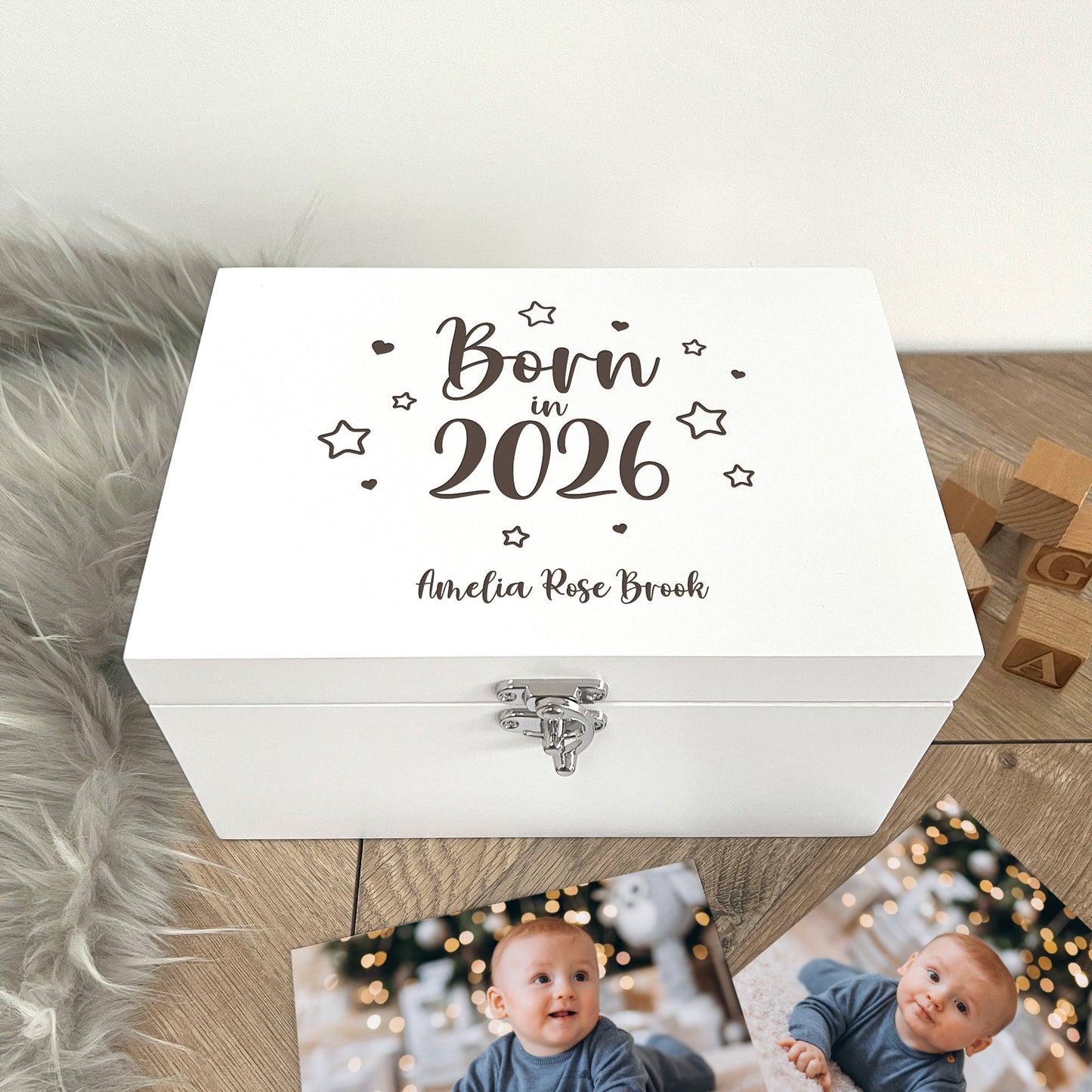 Personalised Born In 2026 Stars Engraved White New Baby Keepsake Box - 3 Sizes