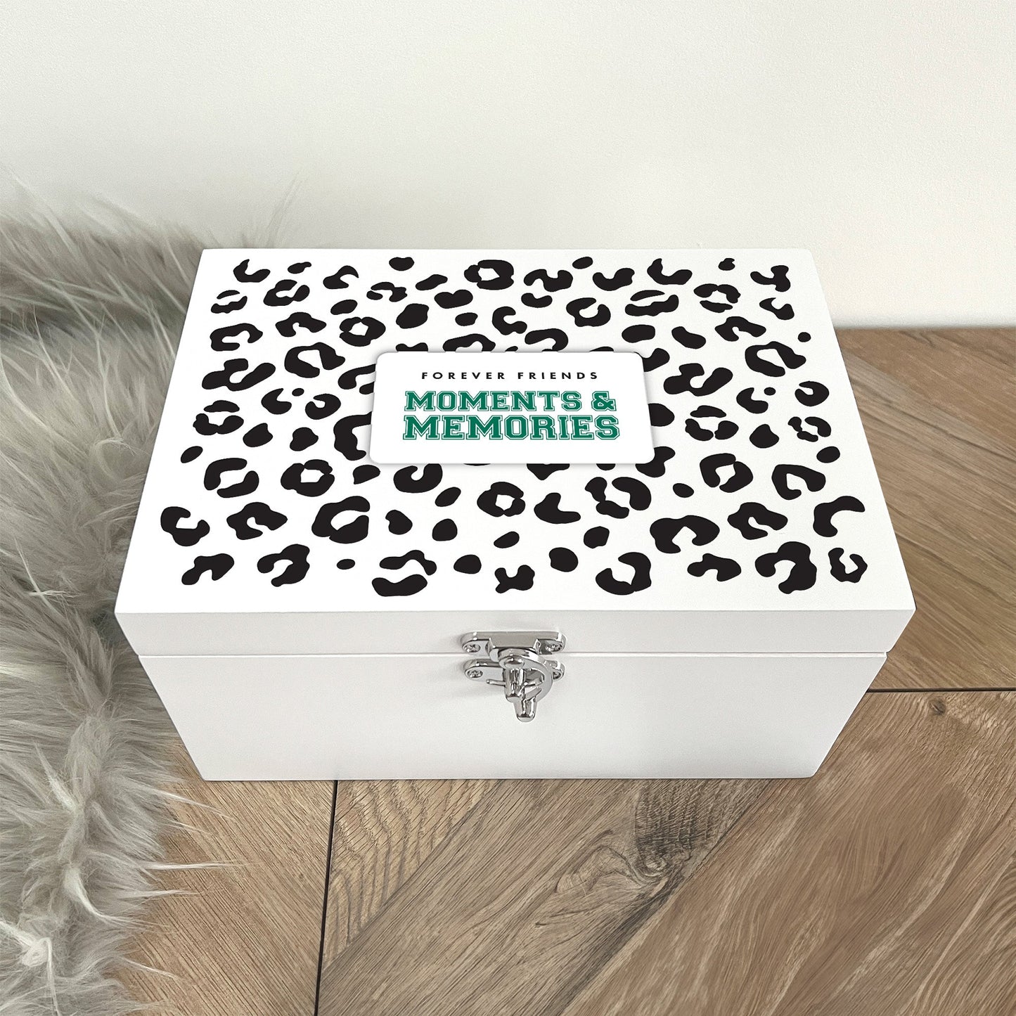 Personalised Leopard Print White Wooden Memory Box - Moments & Memories | Birthday Gift for Friends