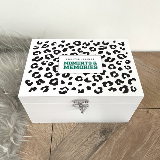 Personalised Leopard Print White Wooden Memory Box - Moments & Memories | Birthday Gift for Friends
