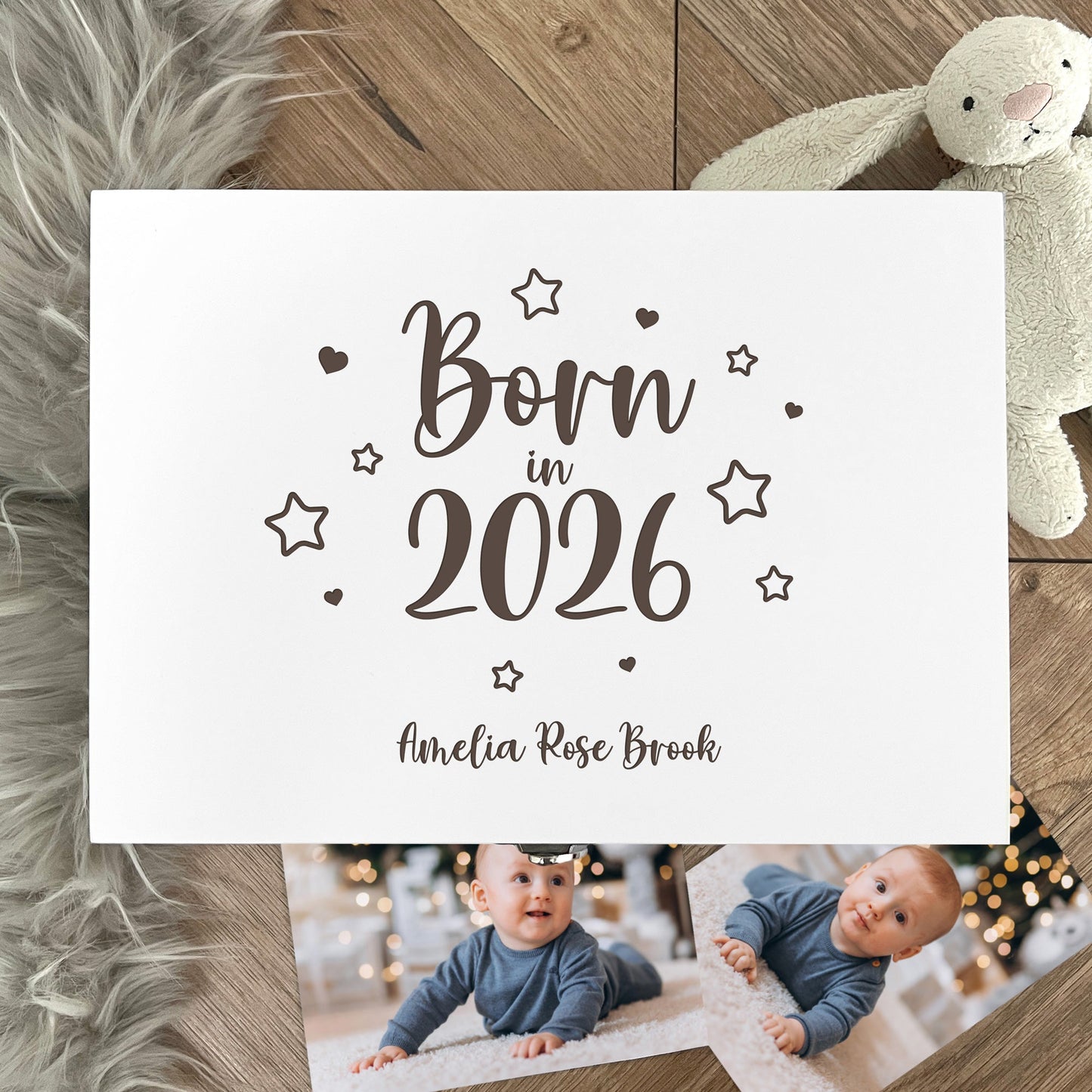Personalised Born In 2026 Stars Engraved White New Baby Keepsake Box - 3 Sizes