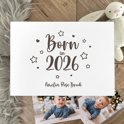 Personalised Born In 2026 Stars Engraved White New Baby Keepsake Box - 3 Sizes
