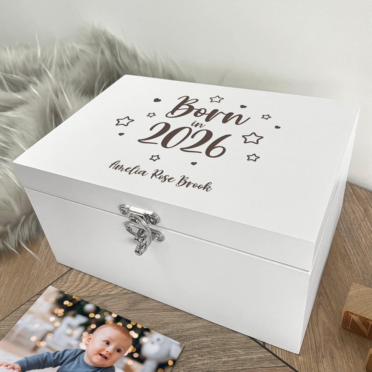 Personalised Born In 2026 Stars Engraved White New Baby Keepsake Box - 3 Sizes