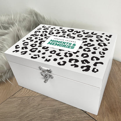 Personalised Leopard Print White Wooden Memory Box - Moments & Memories | Birthday Gift for Friends