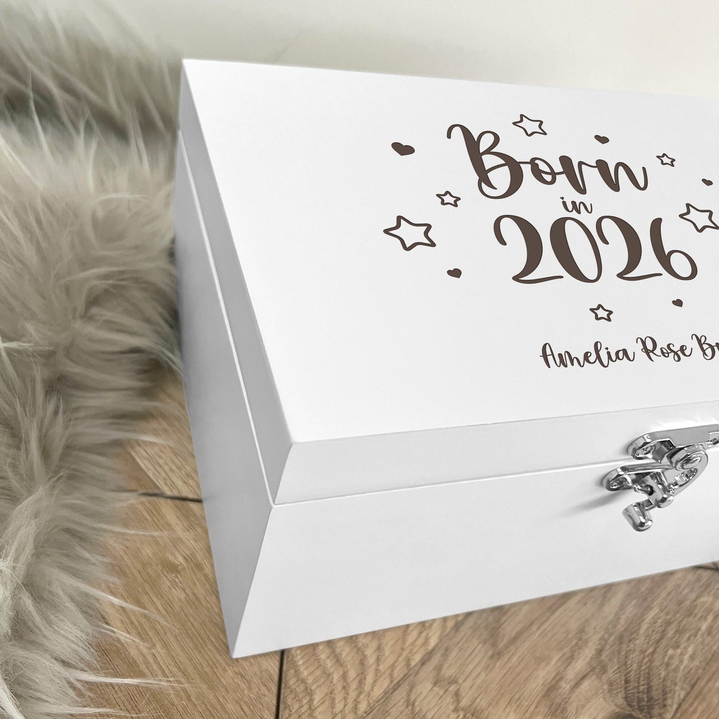 Personalised Born In 2026 Stars Engraved White New Baby Keepsake Box - 3 Sizes
