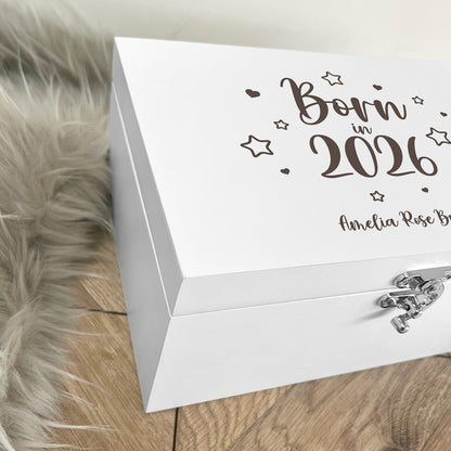 Personalised Born In 2026 Stars Engraved White New Baby Keepsake Box - 3 Sizes