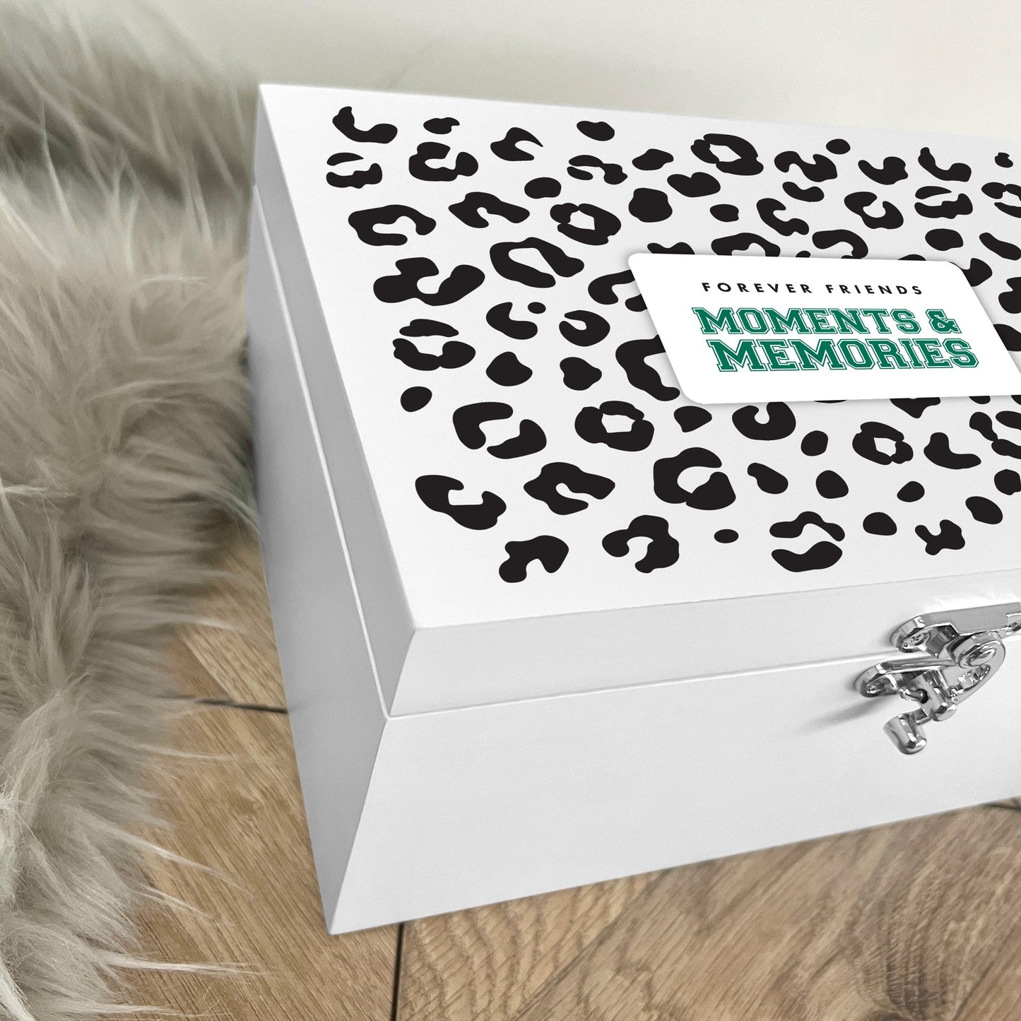 Personalised Leopard Print White Wooden Memory Box - Moments & Memories | Birthday Gift for Friends