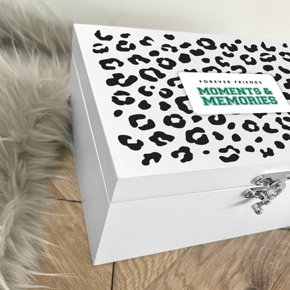 Personalised Leopard Print White Wooden Memory Box - Moments & Memories | Birthday Gift for Friends