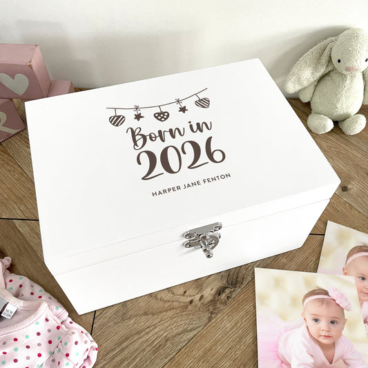 Personalised Born In 2026 Garland Engraved White New Baby Keepsake Box - 3 Sizes
