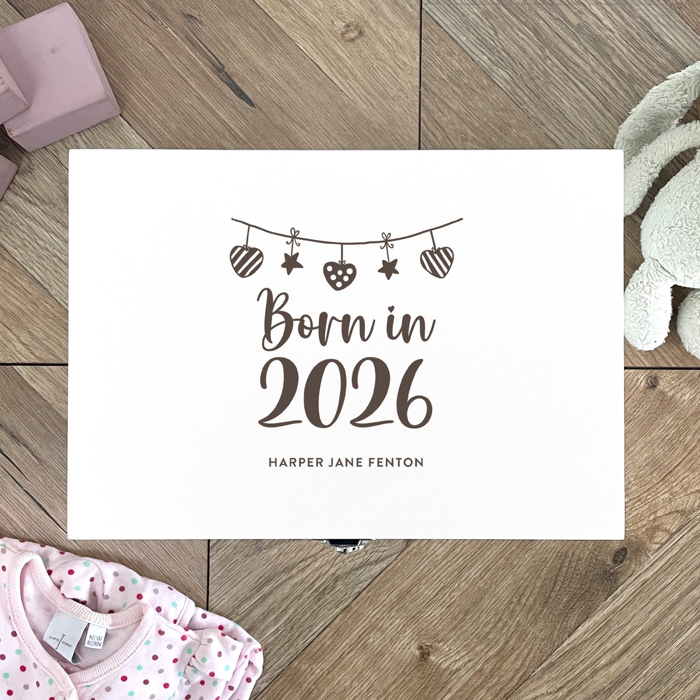 Personalised Born In 2026 Garland Engraved White New Baby Keepsake Box - 3 Sizes