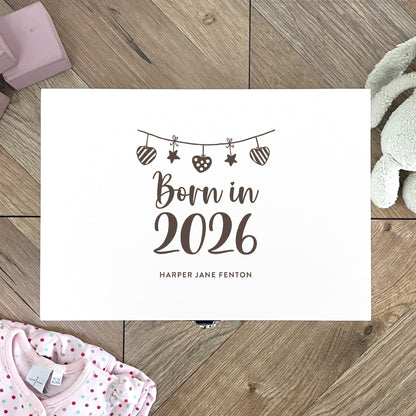 Personalised Born In 2026 Garland Engraved White New Baby Keepsake Box - 3 Sizes