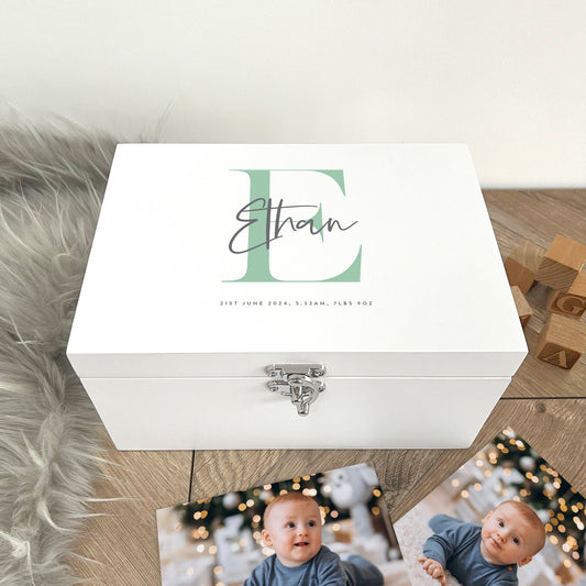 Personalised Name & Initial New Baby White Wooden Keepsake Memory Box - 3 Sizes (22cm | 27cm | 30cm)