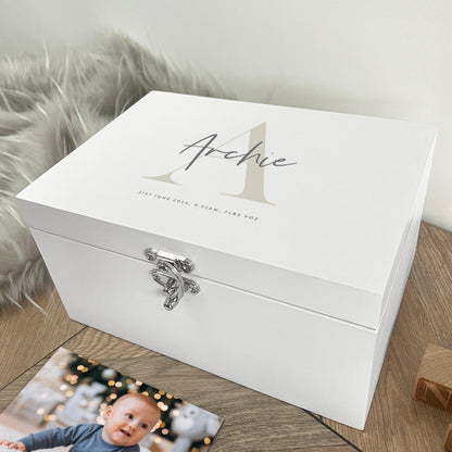 Personalised Name & Initial New Baby White Wooden Keepsake Memory Box - 3 Sizes (22cm | 27cm | 30cm)