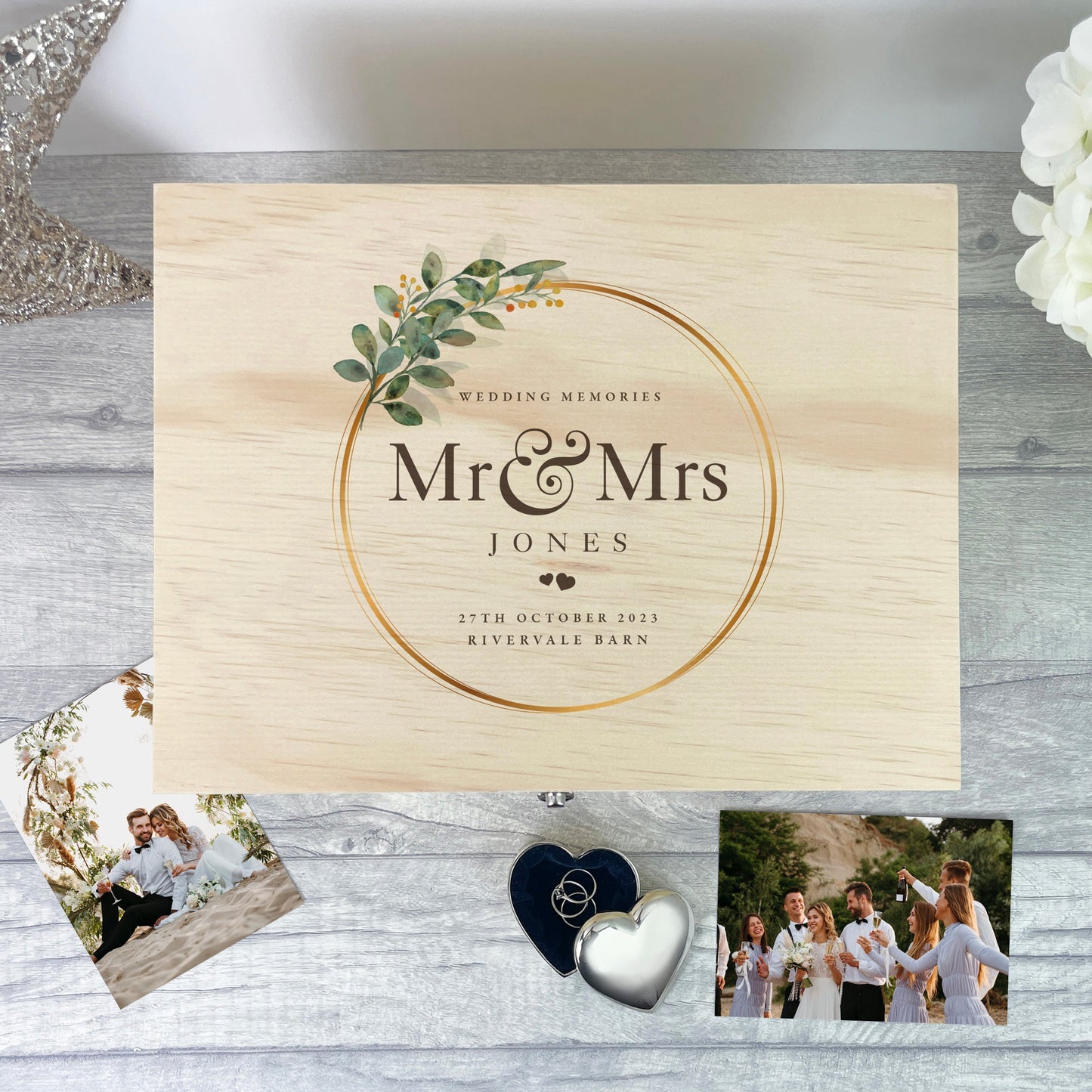 Personalised Wooden Wedding Wreath Keepsake Memory Box - 5 Sizes (16cm | 20cm | 26cm | 30cm | 36cm)