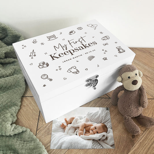 Personalised My First Keepsakes Engraved White New Baby Keepsake Box - 3 Sizes