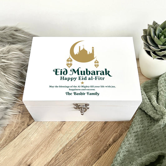 Personalised Eid al-Fitr Crescent & Lanterns White Memory Box - 3 Sizes (22cm | 27cm | 30cm)