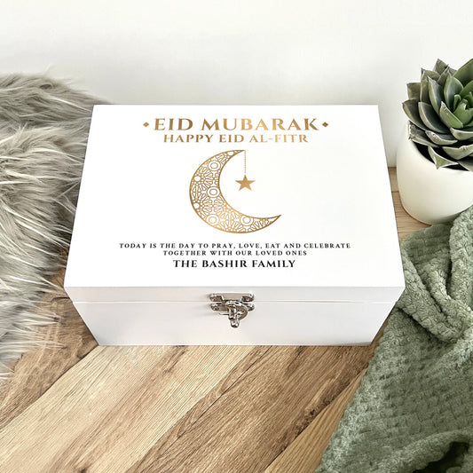 Personalised Eid al-Fitr Crescent White Memory Box - 3 Sizes (22cm | 27cm | 30cm)
