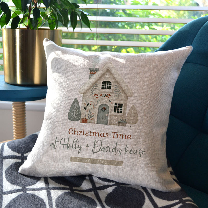 Personalised Christmas Cushion White Snowy House Always Personal
