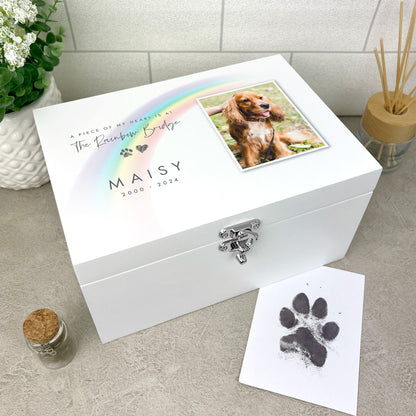 Personalised Rainbow Bridge Pet Photo White Wooden Memorial Keepsake Box - 3 Sizes