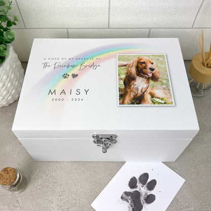 Personalised Rainbow Bridge Pet Photo White Wooden Memorial Keepsake Box - 3 Sizes