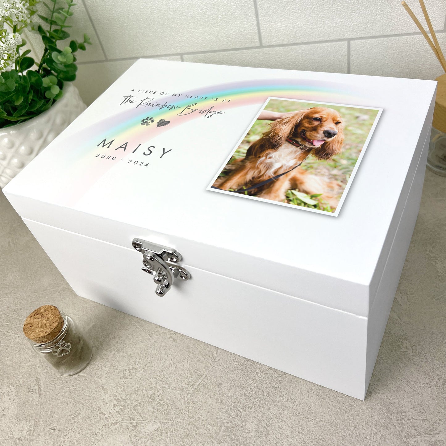 Personalised Rainbow Bridge Pet Photo White Wooden Memorial Keepsake Box - 3 Sizes