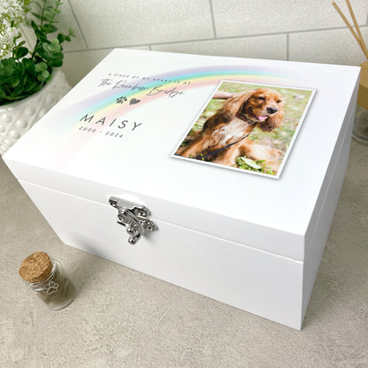 Personalised Rainbow Bridge Pet Photo White Wooden Memorial Keepsake Box - 3 Sizes